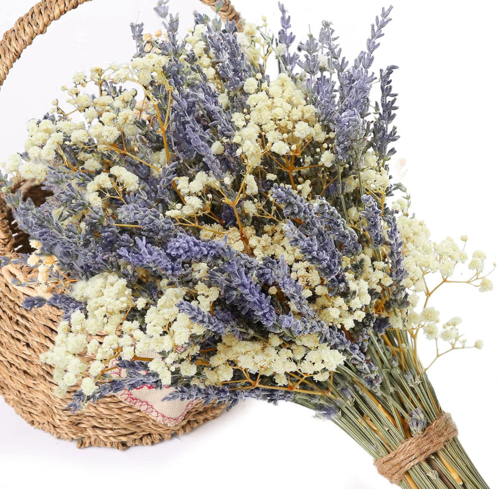 Dried Lavender & Baby's Breath Flowers Bundles, Dried Flower Bouquet for Vase