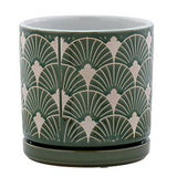 Green Art Deco Design Planter with Saucer