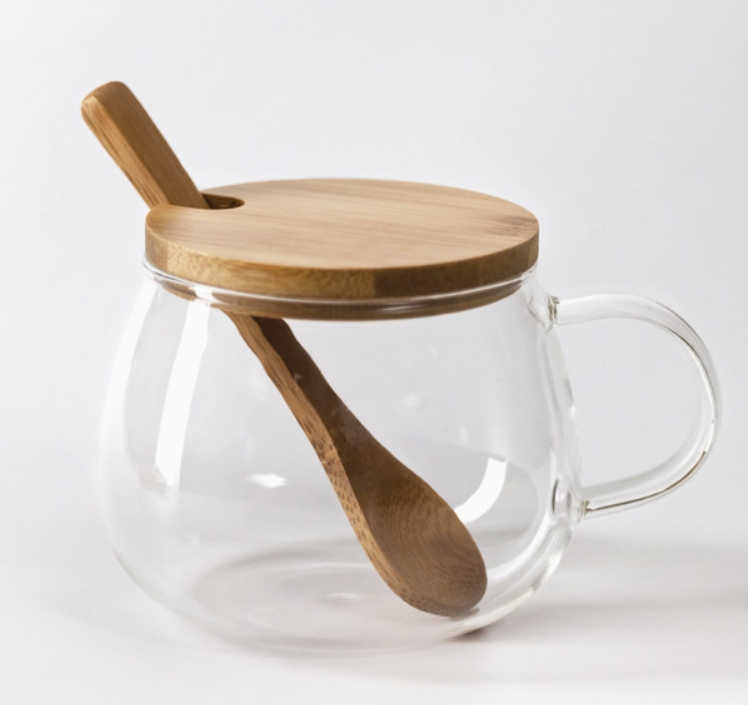 Glass Coffee Mugs with Bamboo Lid and Spoon