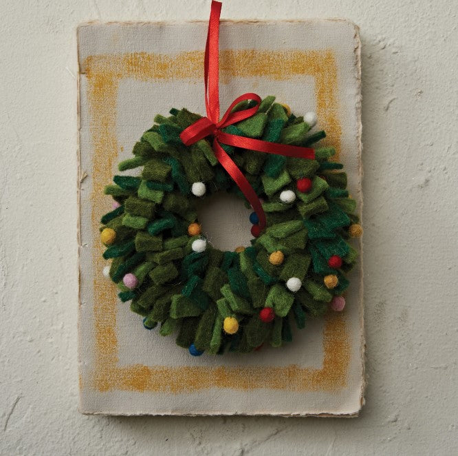 7" Round Handmade Wool Felt Wreath Ornament with Pom Poms