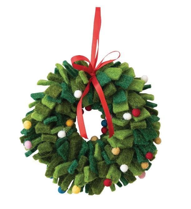 7" Round Handmade Wool Felt Wreath Ornament with Pom Poms