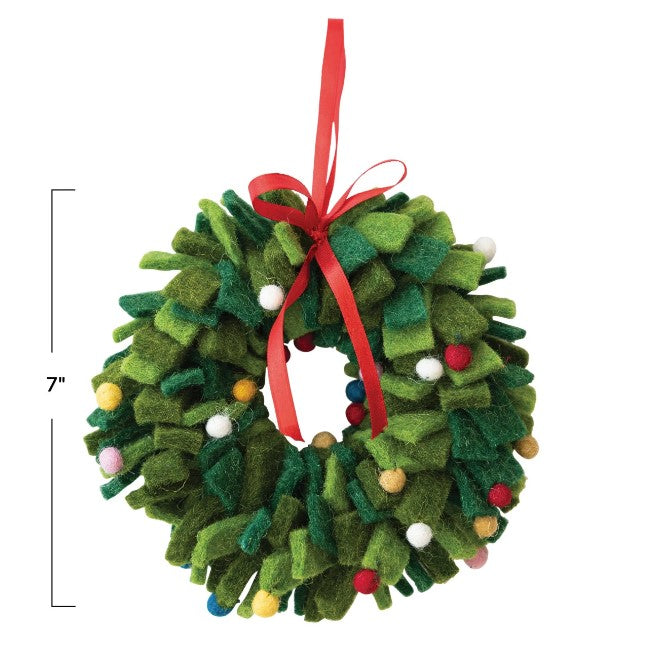 7" Round Handmade Wool Felt Wreath Ornament with Pom Poms