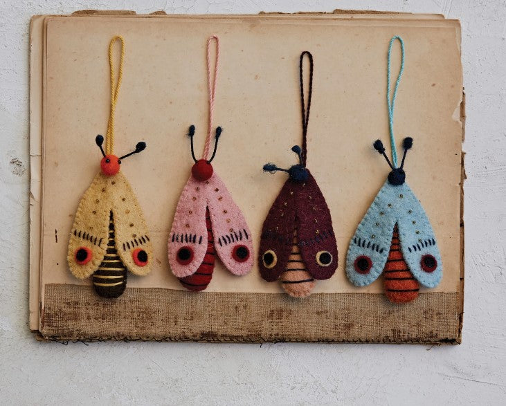 5"H Handmade Wool Felt Moth Ornament w/ Beads & Embroidery - 4 Colors