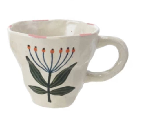 Hand-Painted Stoneware Mug with Flower Image - 4 Styles