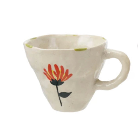 Hand-Painted Stoneware Mug with Flower Image - 4 Styles