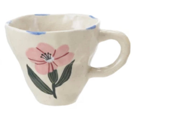 Hand-Painted Stoneware Mug with Flower Image - 4 Styles