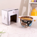 Japanese Crane Design 18oz 5.25"D Bowl With Chopsticks Set