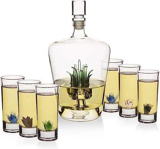 Tequila Decanter Set With Agave Decanter and 6 Agave Glasses
