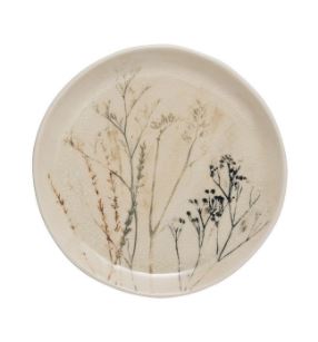 Stoneware Debossed Floral Plate, Reactive Crackle Glaze