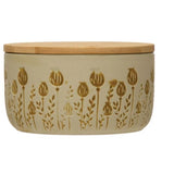 Stoneware Canister with Bamboo Lid and Debossed Floral Pattern - 2 Sizes