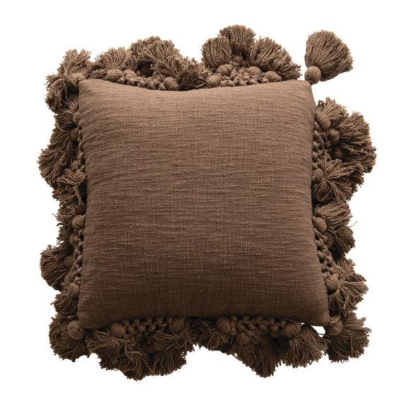 18" Square Cotton Slub Pillow with Crochet & Tassels - 2 Colors