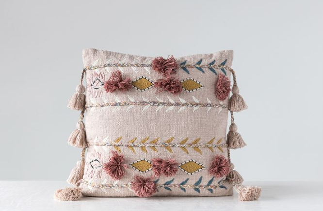 Embroidered Pillow with Tassels & Applique - 2 Colors