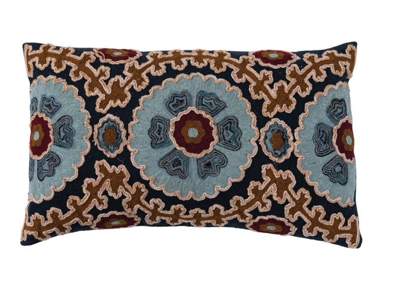 Cotton Slub Embroidered Lumbar Pillow with Design & Chambray Back