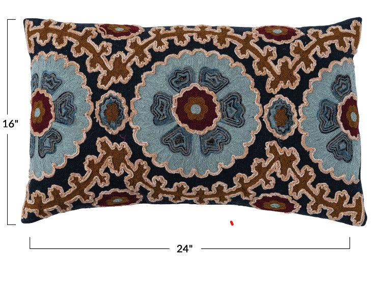 Cotton Slub Embroidered Lumbar Pillow with Design & Chambray Back
