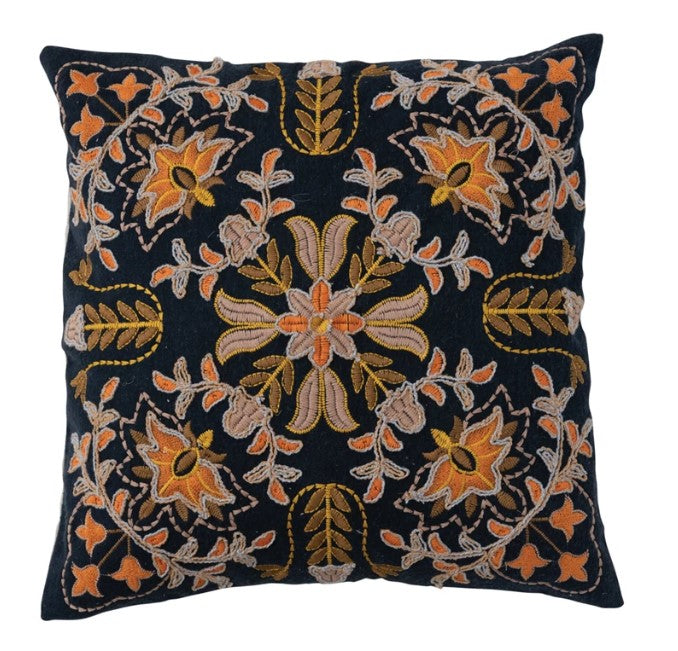 Cotton Embroidered Pillow with Floral Design & Chambray Back