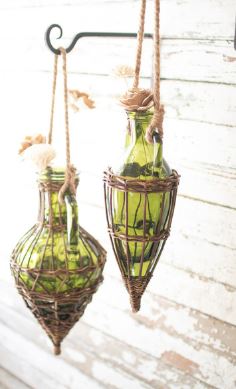 Hanging Green Glass and Wicker Wrapped Bud Vases