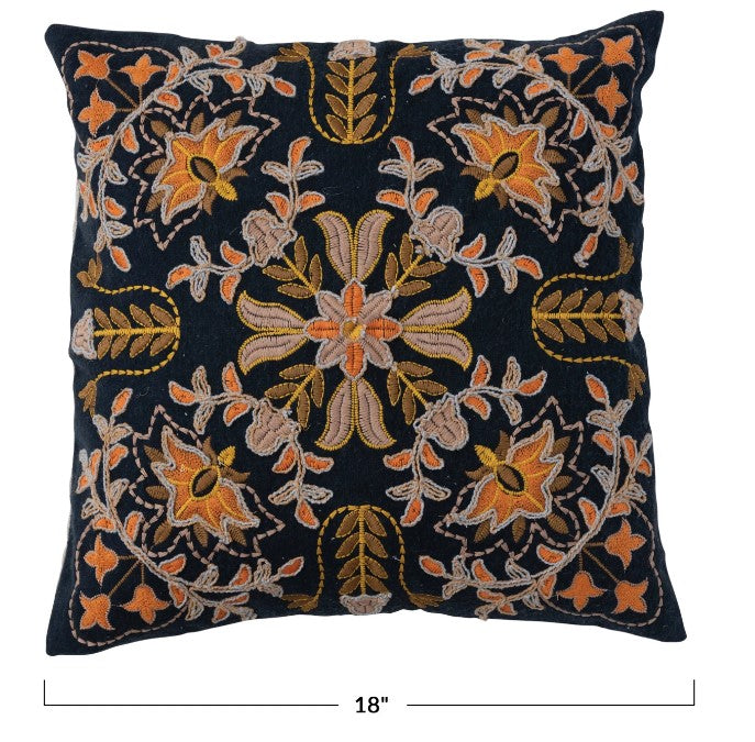 Cotton Embroidered Pillow with Floral Design & Chambray Back