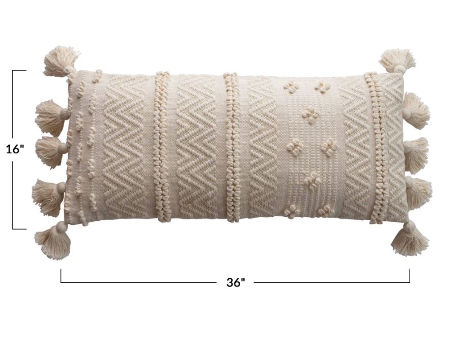 Woven Cotton Lumbar Pillow with Pom Poms
