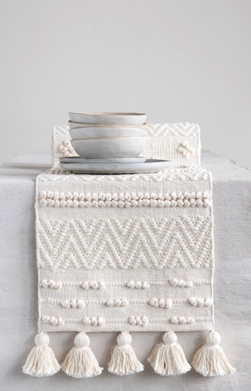 Woven Cotton Textured Table Runner with Pom Poms & Tassels