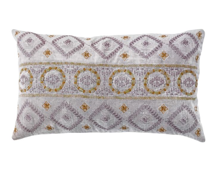 24"L x 14"H Cotton Velvet Lumbar Pillow with Embroidered Pattern & Chambray Back