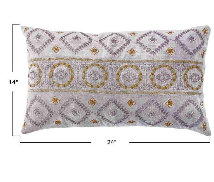 24"L x 14"H Cotton Velvet Lumbar Pillow with Embroidered Pattern & Chambray Back