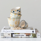 Hand-Stamped Stoneware Measuring Cups with Flowers, Set of 4