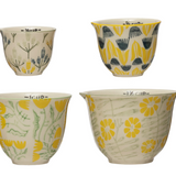 Hand-Stamped Stoneware Measuring Cups with Flowers, Set of 4
