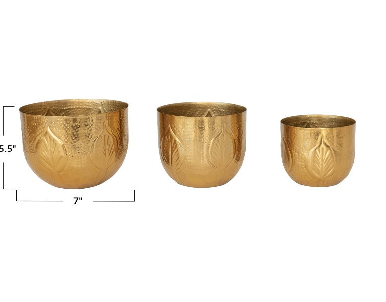 Antique Gold Finish Debossed Metal Planters - 3 Sizes