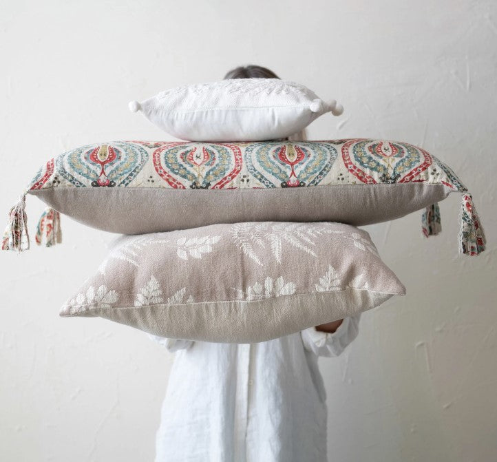 Cotton Printed Lumbar Pillow with Ikat Print, Tassels & Chambray Back