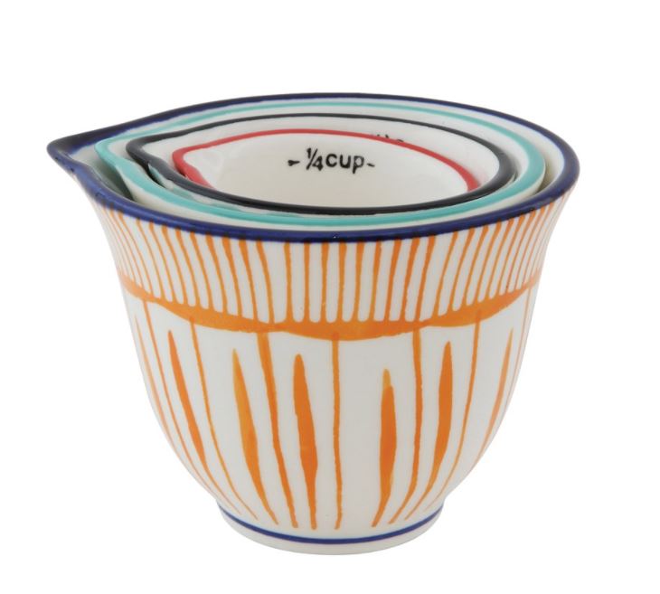 Set of 4 Hand-Painted Stoneware Measuring Cups with Striped Pattern