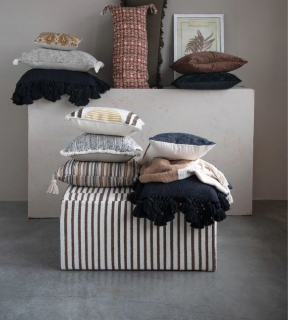 Cotton Slub Lumbar Pillow with Crochet and Tassels