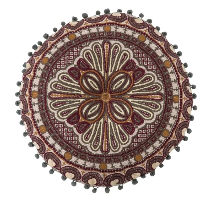 Round Cotton Embroidered Pillow with Pom Pom Trim