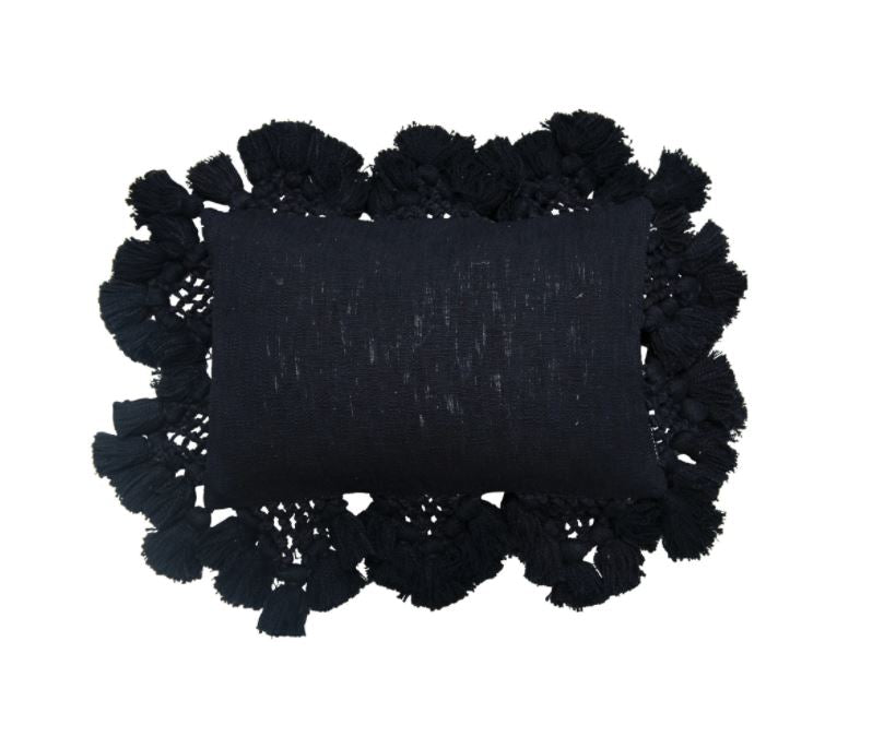 Cotton Slub Lumbar Pillow with Crochet and Tassels