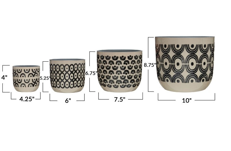 Cream Color & Black Hand-Painted Stoneware Planters with Patterns - 4 Sizes