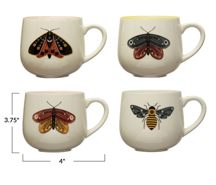 Stoneware Mug with Insect & Colored Rim - 4 Styles