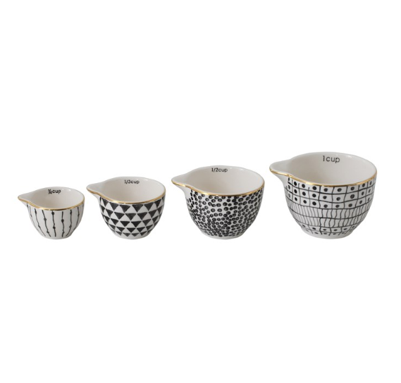 Set of 4 Cup Stoneware Measuring Cups with Black Pattern & Gold Electroplating