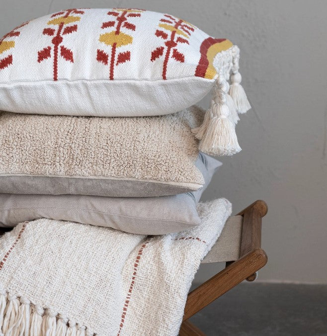 Hand-Woven Cotton & Wool Pillow with Embroidery