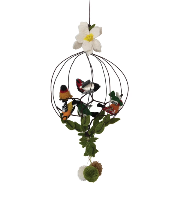 Wool Felt Bird Cage Mobile with Bird, Flower and Pom Poms - 3 Styles