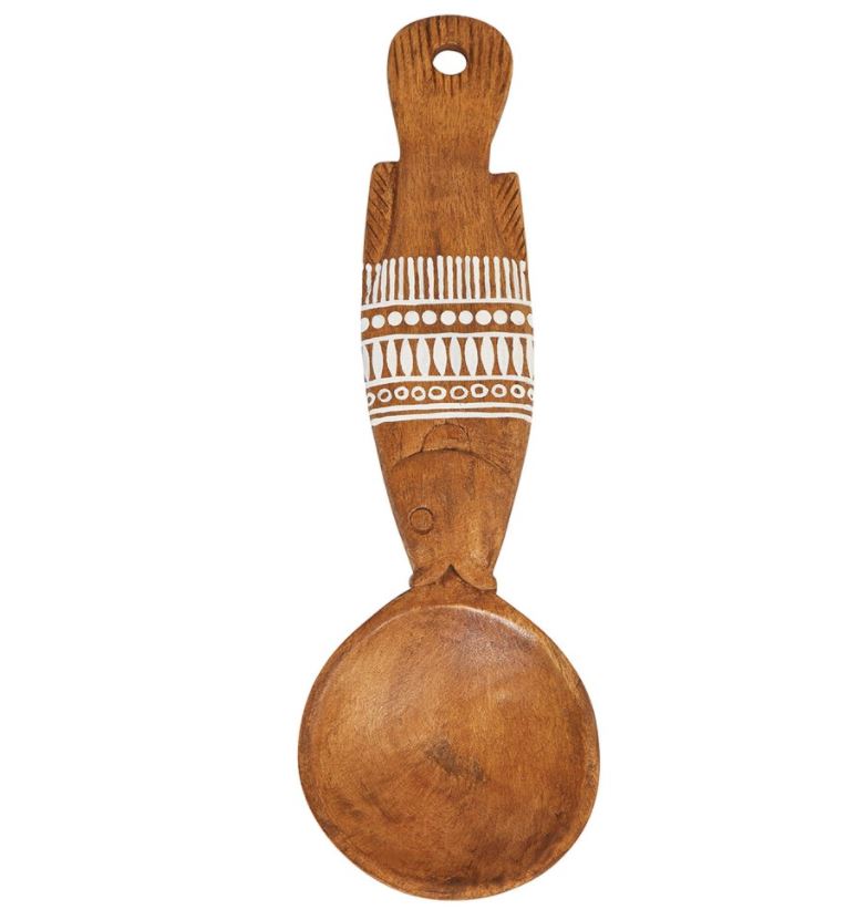 Decorative Mango Wood Fish Shaped Wall Hanging Spoon with Hand-Painted White Pattern - 3 Styles