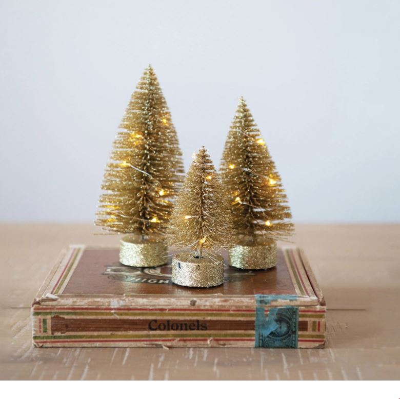 LED Bottle Brush Trees, Gold Finish w/ Gold Glitter