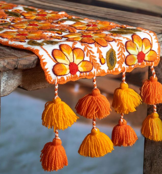 Hand Embroidered Table Runner with Flowers "Ayacucho Orange"