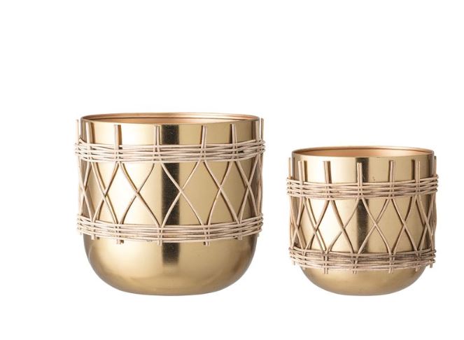 Round Metal Planters with Woven Rattan & Gold Electroplating - 2 Sizes