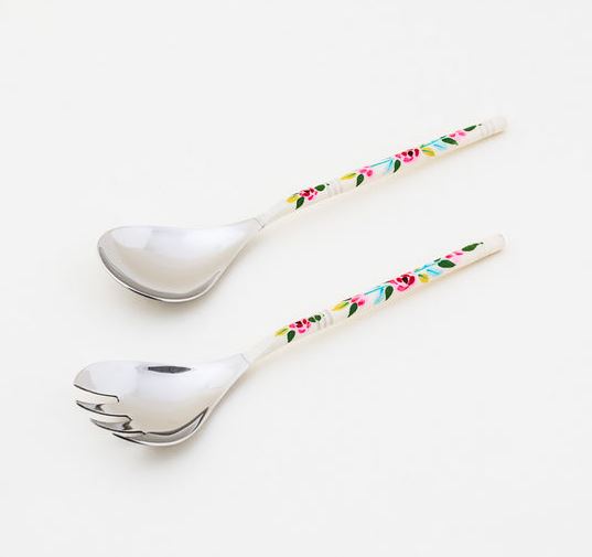 Hand Painted Stainless Steel Floral Serving Set - 3 Colors
