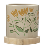 Hand-Painted Stoneware Planter with Paulownia Wood Saucer