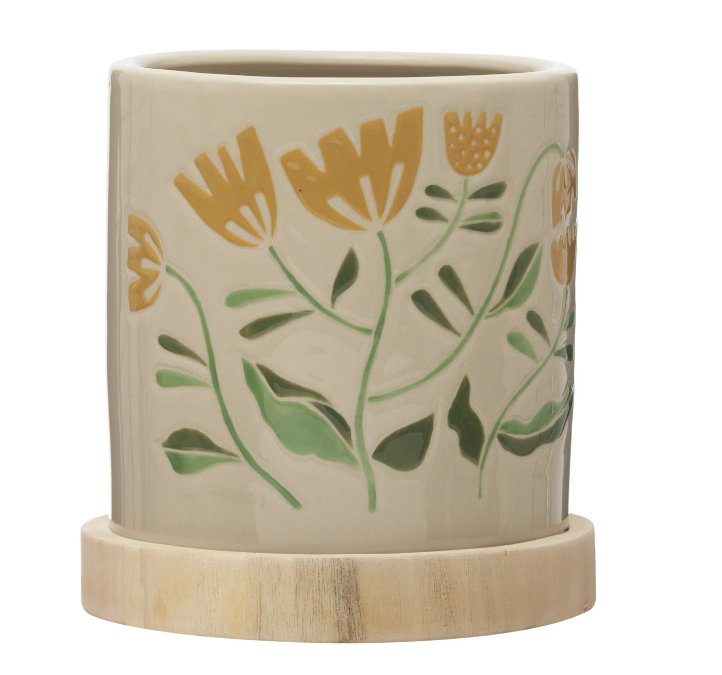 Hand-Painted Stoneware Planter with Paulownia Wood Saucer
