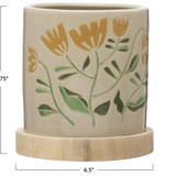 Hand-Painted Stoneware Planter with Paulownia Wood Saucer