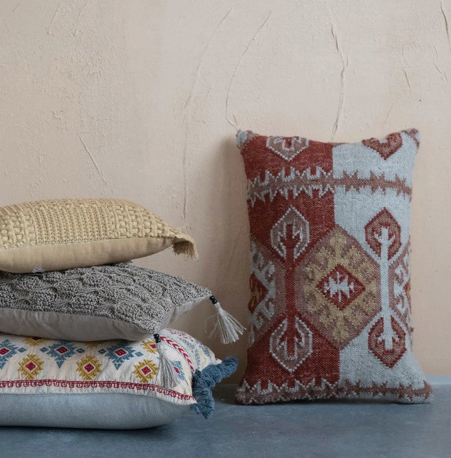 24" x 16" Woven Wool Blend Kilim Lumbar Pillow with Ikat Pattern