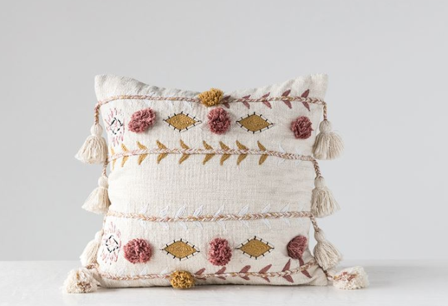Embroidered Pillow with Tassels & Applique - 2 Colors