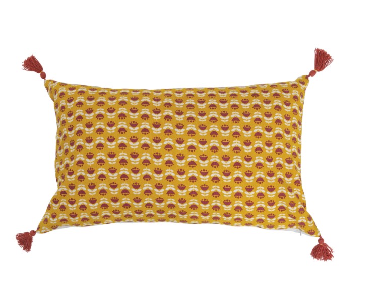 26" x 16" Cotton Slub Lumbar Pillow with Floral Pattern & Tassels