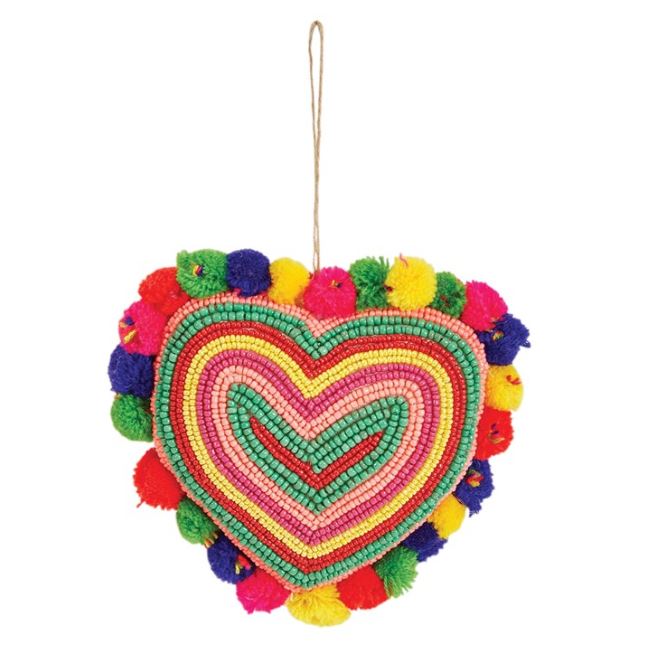 Glass Bead Heart Ornament with Pom Poms